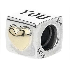 Authentic Pandora Retired ‘I Love You’ Cube 925 Ale & 14k Gold Heart Charm